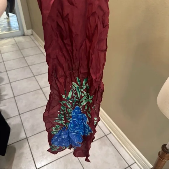 Elegant Floral Scarf in Burgundy and Blue Hydrangea Floral Silk - Picture 9 of 9